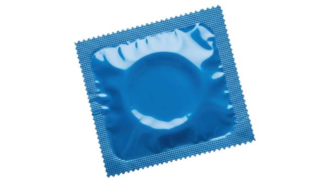 Isolated blue condom packet for contraception, safe sex and sexually transmitted disease