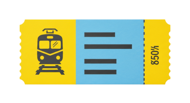 Isolated train ticket with perforation for railway travel and transportation event