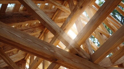 Close-up of a wooden structure made up of wooden beams. the beams are arranged in a zigzag pattern, creating a lattice-like design. the wood appears to be a light brown color and has a rough texture.