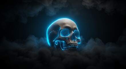 Glowing skull with blue light surrounded by dark clouds