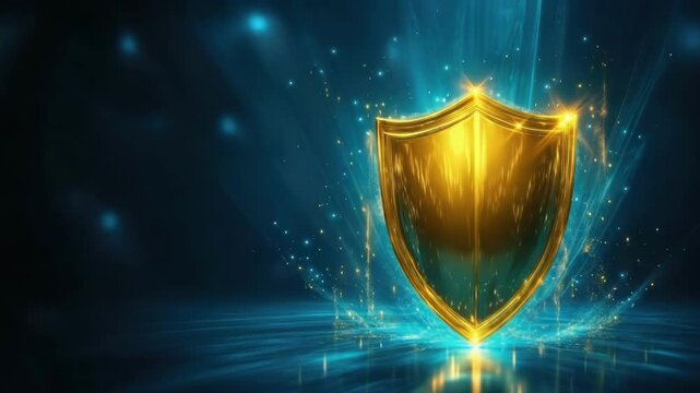 Golden shield protection emblem with digital futuristic glowing streams for cyber security, data safety product design, insurance symbol and antivirus concept.