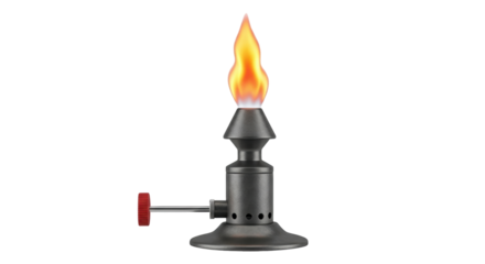 Isolated Bunsen burner with lit flame, scientific laboratory apparatus for heating materials
