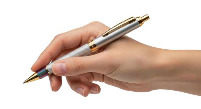 Isolated closeup of a hand holding a pen ready to write or draw, a concept of creativity