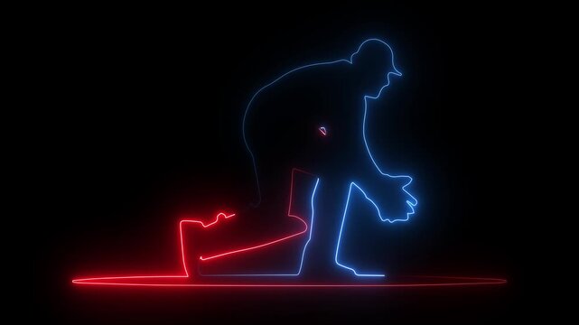 Neon glowing cricket wicket keeper in action catching ball behind stumps, on a black background.