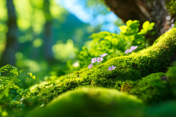 Intensely Atmospheric Close Up of an Ancient Tree Trunk Heavily Covered in Vibrant Green Moss within the Depths of a Deep Lush Woodland Forest
