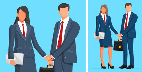 Woman and man business partners shaking hands. Business meeting and partnership agreement. Professional cooperation and corporate deal concept.