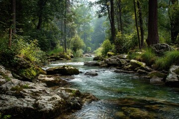 Obraz premium Tranquil forest stream. Lush greenery surrounds a flowing stream, with large rocks and moss-covered stones. Gentle water current. Misty atmosphere