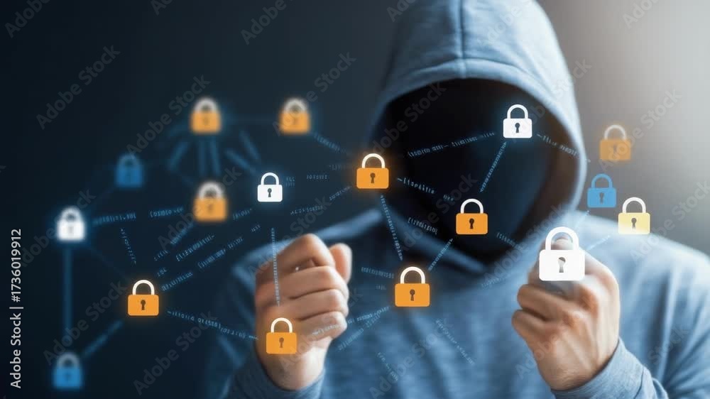 Wall mural anonymous man in hoodie shows network security protection using padlock icons for cybersecurity data
