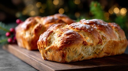 Two freshly baked breads on a wooden cutting board. the breads are golden brown in color and have a criss-cross pattern on top. they appear to be freshly baked and are dusted with powdered sugar.