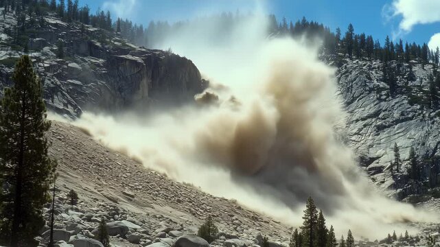 A large rockslide occurs in a mountainous region, sending dust and debris into the air while trees stand nearby