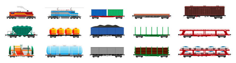 Diverse freight train wagons and locomotives isolated on white background. Railway transport and cargo logistics concept for delivery.