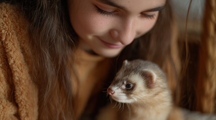 Close-up portrait of a young woman with long brown hair. she is looking down at a small ferret that is sitting on her lap. the ferret is light brown in color and has a curious expression on its face.