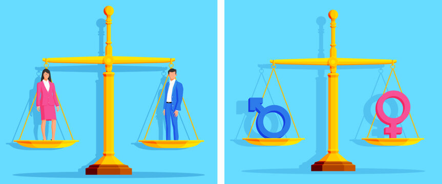 Woman and man on scales with gender symbols. Gender equality and inequality concept for justice or discrimination. International women's day. - Powered by Adobe