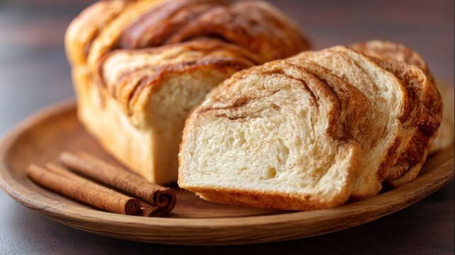 Freshly baked loaf of bread on a wooden plate. the bread is golden brown in color and has a criss-cross pattern on top. it appears to be soft and fluffy, with a slightly crisp crust.