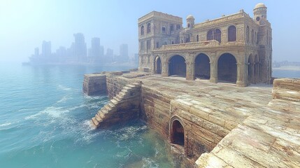 Historic stone waterfront building overlooking calm sea with foggy city skyline in background.