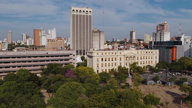 Banco Nacional de Fomento (BNF) main building and Plaza de la Democracia in Asuncion, Paraguay