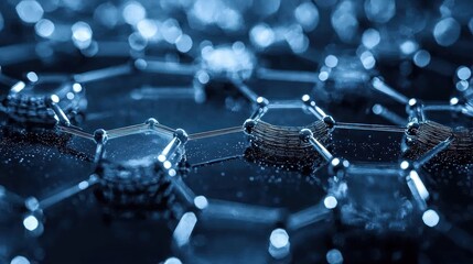 Close-up view of a futuristic hexagonal molecular structure with glowing connections.