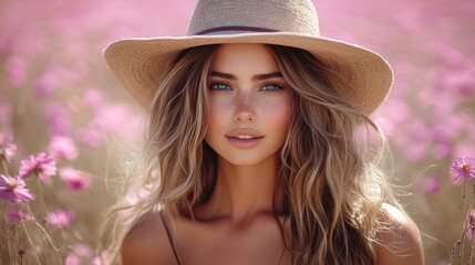 Young woman wearing hat standing among pink flowers in summer field.