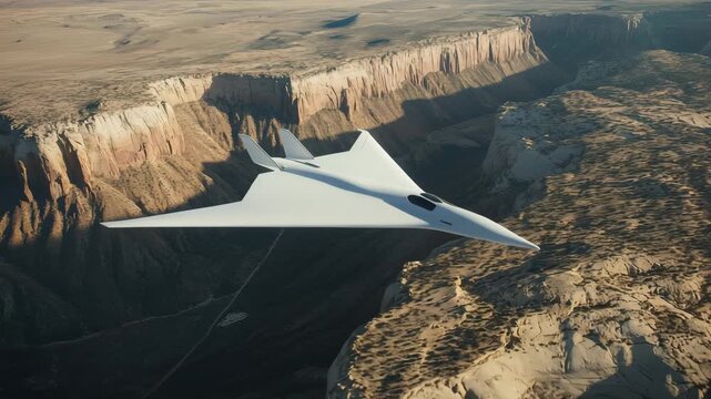 An advanced aircraft glides smoothly over a vast canyon region showcasing cutting edge design and technology
