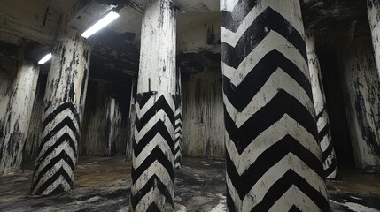 Dark underground space with concrete pillars painted in black and white zigzag patterns.