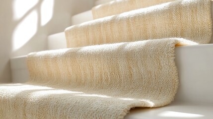 Sunlit beige carpet runner on white staircase highlighting home interior design.