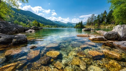 Fototapeta premium Crystal-clear lake, rocky shore, sunny alpine vista. Lush green hills, mountains in the distance, bright blue sky with white clouds