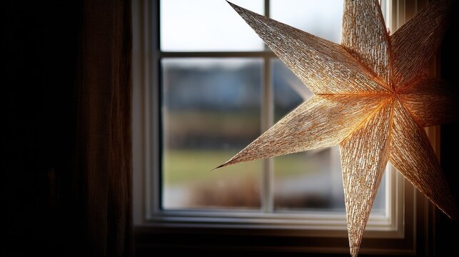 Close-up of a star-shaped decoration hanging on a window sill. the star is made of a light-colored material, possibly paper or fabric, and is intricately designed with a starburst pattern.