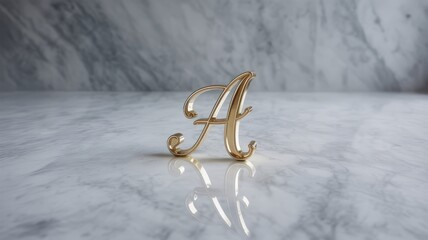Single gold cursive letter A on reflective marble surface alphabet single object
