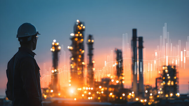 Industrial worker observing refinery at sunset with data visualization overlay for analysis - Powered by Adobe