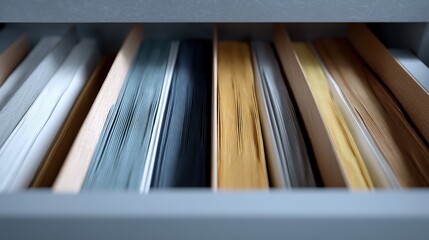 Close-up of a drawer with multiple rows of books. the books are arranged in a neat and orderly manner, with the top row being the largest and the bottom row being smaller.