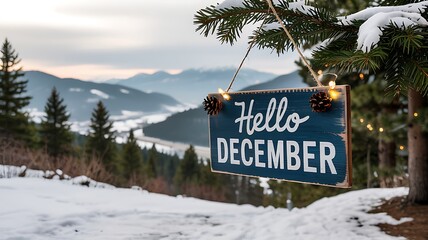 Rustic hello december sign hanging on snowy pine tree branch with mountain landscape background