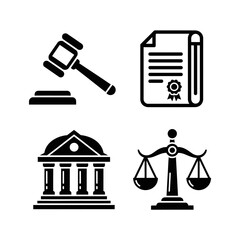 Obraz premium A set of four black icons representing law, justice, and legal concepts, including a gavel, a legal document, a courthouse building, and a scale of justice.