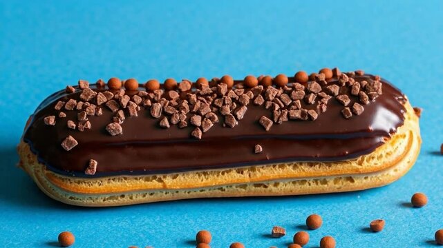 Delicious Chocolate Eclair Dessert with Sprinkles on Blue Background.