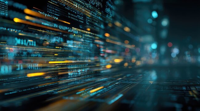 Abstract digital display with streams of data, blurred city lights in background