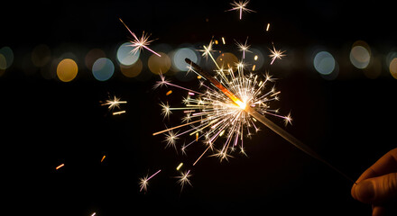 Obraz premium Magical night celebration with a person holding a bright sparkler, creating beautiful sparks against a colorful bokeh background.
