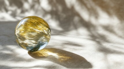 Obraz premium Close-up of a spherical object on a white surface. the object appears to be made of glass or a similar material, with a shiny, reflective surface that reflects the light.