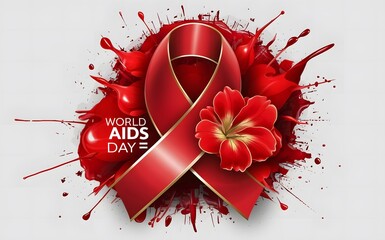 red aids awareness ribbon symbol world aids day poster with glossy ribbon and red hibiscus flower splash background, high resolution conceptual design for hiv prevention and charity campaigns