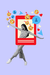 Creative poster banner collage photo of happy girl dance social media post emoji icon heart notification blogging feedback