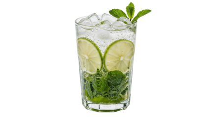 Refreshing mojito with lime slices and mint served over ice in a clear glass on a transparent background