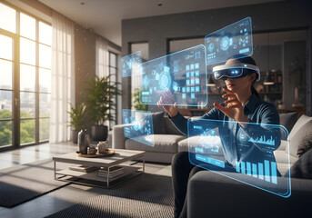 Woman using virtual reality headset interacting with holographic data in modern living room.