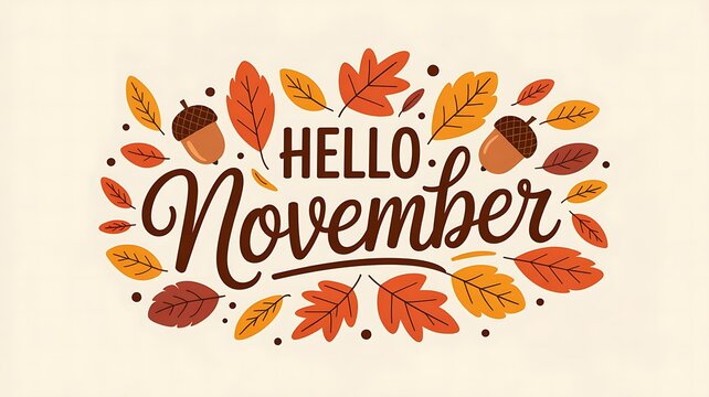 Hello november text surrounded by a wreath of colorful autumn leaves and acorns celebrating the start of the eleventh month - Powered by Adobe