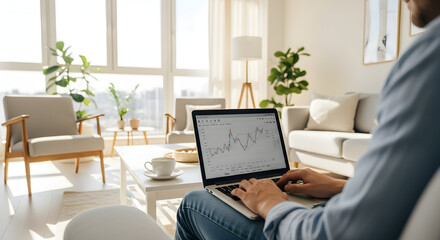 Man working remotely on laptop with financial data in bright, modern living room.
