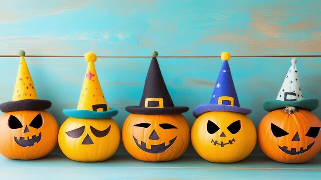 Colorful pumpkins with playful designs and hats are arranged in a row against a vibrant wooden backdrop for Halloween festivities