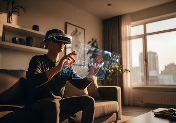 Man using virtual reality headset interacting with holographic interface at home, future technology concept.