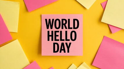 Pink sticky note with bold black text world hello day surrounded by scattered yellow and pink paper squares on a bright yellow background