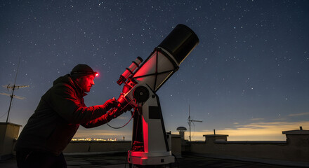 Amateur Astronomer Adjusting Telescope for Night Sky Observation
A dedicated astronomer is captured at night on a rooftop or high platform, intensely focused while making adjustments to a large