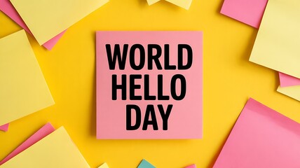 Pink sticky note with world hello day written in black text surrounded by colorful scattered paper notes on a vibrant yellow background