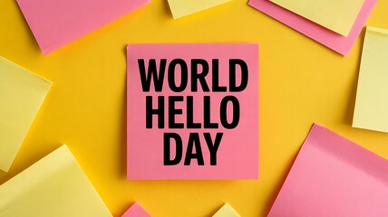Bright pink sticky note with world hello day written in bold black letters surrounded by scattered yellow and pink paper notes on a vibrant yellow background