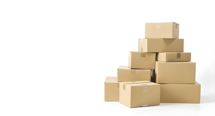 Fototapeta premium Stack of cardboard parcel boxes on white background symbolizing delivery, shipping, logistics, and e-commerce packaging.