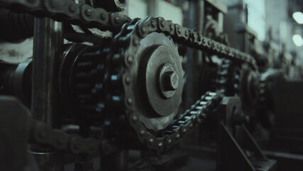 Heavy duty metal chain and sprocket parts working together on specialized industrial machinery, representing concepts of power, motion, and continuous process within a factory environment